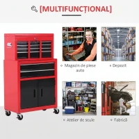 HOMCOM Cărucior pentru Scule cu 6 Sertare, Dulap de Depozitare 2 în 1 cu Încuietoare, Cutie Metalică pentru Atelier, Roșu(m-5)
