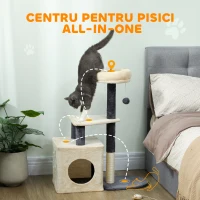 PawHut Arbore pentru Pisici, Înălțime 92 cm, cu Căsuță, Pat, Stâlpi din Sisal și Minge, Alb Crem(m-4)