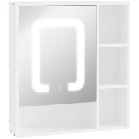 kleankin Armário com Espelho de Casa de Banho com Luz LED Porta 4 Prateleiras Abertas e Interruptor Tátil 60x15x65cm Branco(m-1)