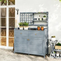 Outsunny Pflanztisch mit Unterschrank Outdoor Holz Gartenschrank mit verzinkter Arbeitsplatte 2 Schubladen 104x44x140 cm Hellgrau(m-10)