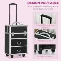 HOMCOM Valise trolley maquillage mallette cosmétique vanity poignée télescopique réglable 36L x 23l x 58H cm alu ABS noir(m-5)