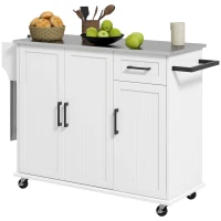 HOMCOM Insulă de Bucătărie cu Sertar, Dulap și 2 Rafturi Deschise, din MDF și Oțel Inoxidabil, 128x45,5x91,5 cm(m-12)