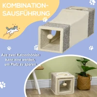 PawHut Katzentunnel, 2 Katzenhöhlen, Kratzflächen und Ballspielzeug, 98 cm x 30 cm x 30 cm, Braun + Beige(m-4)