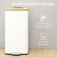HOMCOM Poubelle de Cuisine 20L, Poubelle avec Pédale, Couvercle en Bambou à Fermeture Douce, Seau Intérieur Amovible, Blanc(m-7)