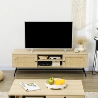 HOMCOM Mobilier Suport TV până la 60" din Lemn și Ratan Stil Boho cu 2 Dulapuri, 50x39x48.3cm, Natur(m-7)