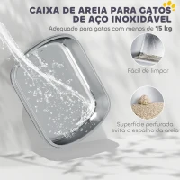 PawHut Caixa de Areia para Gatos Fechada com Bandeja em Aço Inoxidável Bordas Altas Pá e Degrau para Gatos Grandes 53x42x27 cm Cinzento(m-4)