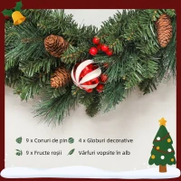 HOMCOM Ghirlandă de Crăciun de 60 cm cu 146 ramuri cu zăpadă artificială, conuri, fructe de pădure și globuri, verde(m-5)