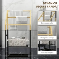 HOMCOM Suport Prosop de Podea cu 3 Bare și Raft Inferior din Bambus și Oțel, 51x31x85,5 cm, Negru și Natural Lemn(m-6)