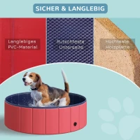 PawHut Hundebadewanne faltbar Hundepool Schwimmbecken Swimmingpool Plantschbecken Badewanne für Hunde & Katzen Wasserbecken aus Kunststoff, Holz Ø100 x H30 cm Rot(m-6)