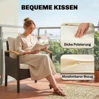 Outsunny Rattan Bistroset 3 teiliges FSC Gartenmöbel-Set mit 2 Sessel, 2-Ebene Holz-Tisch, dicke waschbare Kissen(m-7)