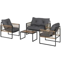 Outsunny Conjunto de Jardim Exterior de Vime Sintético com 2 Poltronas 1 Sofá de 2 Lugares 1 Mesa de Centro e Almofadas Cinzento(m-11)