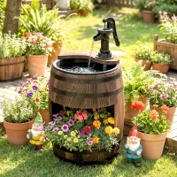 Outsunny Gartenbrunnen Zierbrunnen Springbrunnen Fassbrunnen Wasserfall Holzfass mit Pflanzgefäß Tannenholz Dunkelbraun Ø27 x 59 cm(m-9)