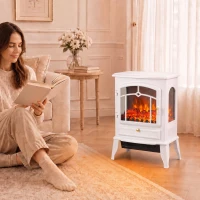 HOMCOM Elektrokamin freistehend mit 3-Seiten-Panorama, elektrischer Kamin, 39x24x57 cm Weiß(m-10)