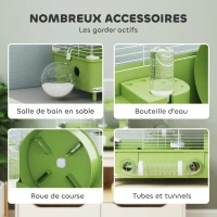 PawHut Cage pour hamster  à 2 niveaux avec roue de course salle de bain en sable pour hamster nain 44,5 x 28 x 44 cm vert(m-5)