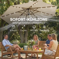 Outsunny Ampelschirm LED Solar ca. Ø300 cm Drehbar Sonnenschirm mit Kurbel Ständer Schutzhülle Beige(m-5)