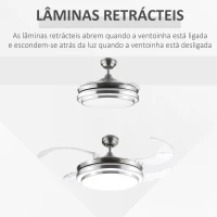 HOMCOM Ventoinha de Teto 51W com Luz LED 30W Ajustável 3000/4000/6000K Controle Remoto 3 Velocidades Temporizador 4 Lâminas para Dormitório Sala de Estar Ø106x43 cm Prata(m-7)