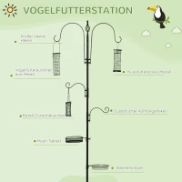 PawHut Vogel Futterstation 208 cm Vogelfutterstation mit 4 Haken, Erdspieß, Wasser- & Futterschale, Futtersäule Freistehend Vogelfutterspender für Garten Wildvögel Stahl Schwarz(m-4)