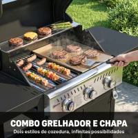 Outsunny Barbecue a Gás Portátil com 3 Queimadores 7,5 kW Termómetro Mesas Laterais Dobráveis Armário Grelha Aquecedora Chapa 125x57x110 cm Preto(m-4)