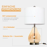 HOMCOM Tischlampe 2er-Set Tischleuchte mit Leinen-Lampenschirm, Glas tropfenförmigen Stangen, Nachttischlampe mit E27-Fassung, für Schlafzimmer, Wohnzimmer, Weiß(m-5)