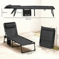 Outsunny Espreguiçadeira Dobrável com Encosto Ajustável Apoio de Cabeça Almofadado e Estrutura em Aço para Exterior 189x58x30 cm Preto(m-3)