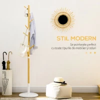HOMCOM Cuier tip copac cu 8 cârlige și bază rotundă din bambus, lemn și metal, Ø37.8x175.6 cm, culoare lemn și alb(m-4)