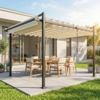 Outsunny Pérgola de Jardim 3x3,8 m com Toldo Corrediço Ajustável a 90° Manivela, Estrutura de Alumínio e Aço UPF50+ Bege(m-2)