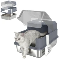 PawHut Bac à Litière pour Chat en Acier Inox. 2 en 1 Couvercle Pelle Filtres Sacs Désodorisants Grande Taille 48x38x34cm Gris(m-17)