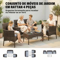 Outsunny Conjunto de Móveis de Jardim em Vime Sintético com Sofá Cadeirões e Mesa com Vidro Temperado e Almofadas Castanho e Cinzento(m-4)