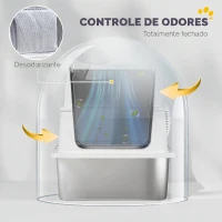 PawHut Caixa de Areia XL em Aço Inoxidável para Gatos, Fechada, com Tampa Rebatível, Bordo Alto, Pá e Sistema Anti-fugas, Cinzento-claro(m-6)