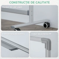 HOMCOM Tablă Albă Magnetică cu 2 Fețe, cu Accesorii și 4 Roți, din Aluminiu și Oțel, 127x50x165 cm(m-6)
