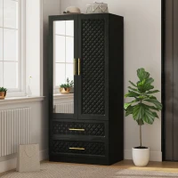 HOMCOM Roupeiro com Espelho 2 Portas e 2 Gavetas Relevo de Diamante Barra para Pendurar Estilo Moderno 80x50x180 cm Preto(m-9)
