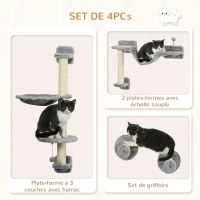 PawHut Arbre à chat parcours mural complet 4 pièces hamac, pompon, plateformes de saut, poteau en sisal et échelle peluche gris(m-5)