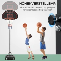 HOMCOM Basketballkorb, höhenverstellbar, befüllbarer Standfuß, hochstabil, schwarz, 131 x 49 x 195-250 cm(m-4)