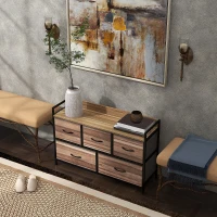 HOMCOM Cómoda com 5 Gavetas de Tecido Cómoda de Estilo Industrial com Estrutura Metálica para Quarto 98x29x63 cm Carvalho(m-10)
