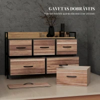 HOMCOM Cómoda com 5 Gavetas de Tecido Cómoda de Estilo Industrial com Estrutura Metálica para Quarto 98x29x63 cm Carvalho(m-6)