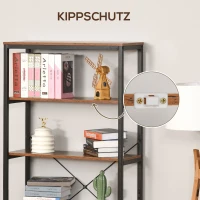 HOMCOM Bücherregal mit 5 Fächer, Standregal, Industriestil, Wohnzimmer, Schlafzimmer, Büro, E1 Spanplatte, Braun, 80 x 30 x 180 cm(m-6)