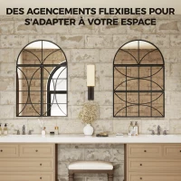 HOMCOM Miroir mural arqué 80 x 120 cm, lot de 3 pièces, miroir verrière en forme de fenêtre, verre trempé et métal, noir(m-4)