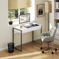 HOMCOM Secretária com 2 Gavetas 100x50 cm Mesa de Computador Pernas de Aço para Casa Escritório Espaços Pequenos Branco Brilhante(m-8)