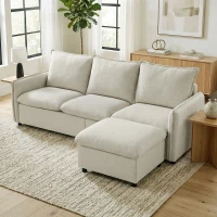 HOMCOM Canapé 3 places avec pouf de rangement, canapé d'angle modulable 212 cm, coussins à ressorts, tissu en lin, crème(m-11)