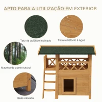 PawHut Casa para Gatos de Madeira 77x50x73cm com 2 Níveis  Teto Asfáltico Terraço Cercado Caverna e Escada Madeira(m-5)