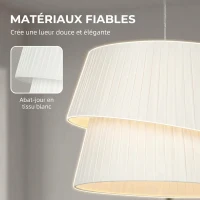 HOMCOM Suspension Luminaire Élégante à Double Abat-Jour, Rosace Dorée, Câble Réglable, Ampoule Non Incluse E14 40 W, Blanc(m-7)