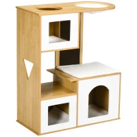PawHut Casa para Gatos com 3 Casas de Madeira Almofadas Laváveis Placa de Arranhar e Rede 76x37x92,5cm Carvalho(m-11)