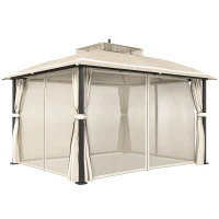 Outsunny Pérgola de Jardim 370x303x290 cm com Telhado Duplo Cortinas Laterais e Mosquiteiras Resistente à Água e Anti-UV Bege(m-1)