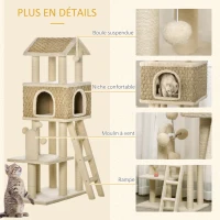 Pawhut Arbre à chats style cosy chic griffoirs sisal naturel niche plateformes échelle jeux boule suspendue moulin à vent peluche courte panneaux particules algues 69 x 40 x 131 cm crème kaki(m-5)
