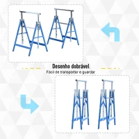 HOMCOM Conjunto de 2 Cavaletes Telescópicos Dobráveis com Altura Ajustável Cavaletes de Serra de Aço para Mesa de Trabalho Carga 200kg 68x58x80-130cm Azul e Prata(m-6)