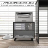 HOMCOM Dulap Mobil pentru Imprimantă pe 2 Niveluri cu 3 Compartimente și Roți pentru Birou și Studiu, 40x30x36cm, Negru(m-4)