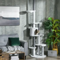 PawHut Kratzbaum mit Deckenspanner, Hängematte, Haus, Plattformen, Spielball, 225-255cm, Grau(m-10)