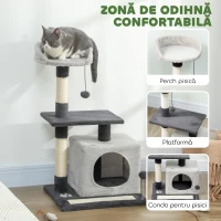 PawHut Copac de Zgâriere pentru Pisici, Înalt de 85 cm, cu Căsuță, Pat, Stâlpi și Covoraș pentru Zgâriere, Gri(m-5)