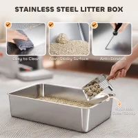 PawHut Bac à Litière pour Chat Maison de Toilette en Acier Inox Bord 40cm Anti-Fuite Couvercle Anti-Odeur 60x40x40cm Gris Clair(m-4)