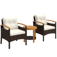 Outsunny Rattan Bistroset 3 teiliges FSC Gartenmöbel-Set mit 2 Sessel, 2-Ebene Holz-Tisch, dicke waschbare Kissen(m-1)
